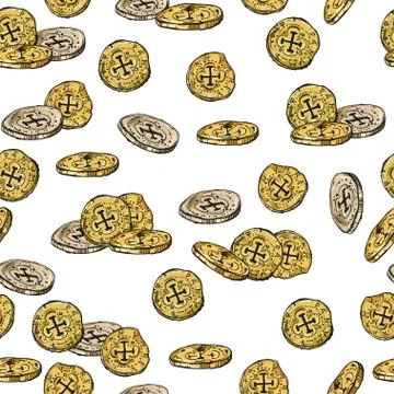 Seamless pattern with gold coins on white background Stock Illustration
