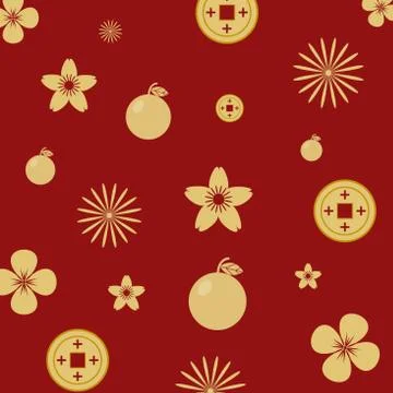 Seamless pattern gold color on red background with Chinese elements . Stock Illustration