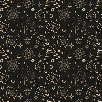 Seamless pattern of gold-colored Christmas symbols on a black background Stock Illustration