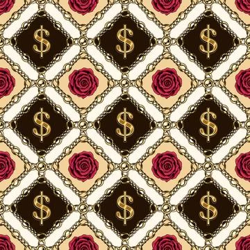 Seamless pattern with gold dollar sign, crimson roses, geometric rhombus grid イラスト素材
