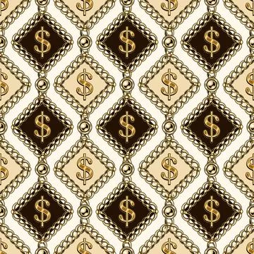 Seamless pattern with gold dollar sign in rhombuses of gold chains, beads Illustrazione stock