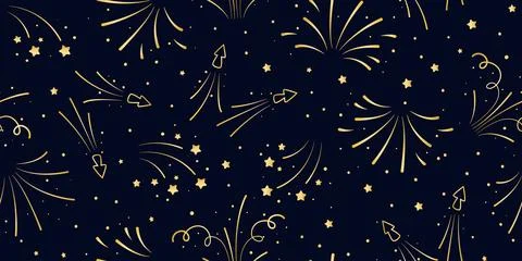 Seamless pattern with gold fireworks and tinsel on dark background Illustrazione stock