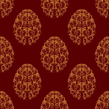 Seamless Pattern From Gold Floral Eggs Over Red Stock Illustration