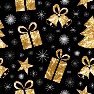 Seamless pattern with gold foil textured bells, gift, fir-tree, star. Golden Illustrazione stock
