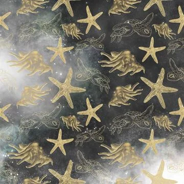 Seamless pattern of gold forged contour illustrations on the sea theme turtle Stock Illustration