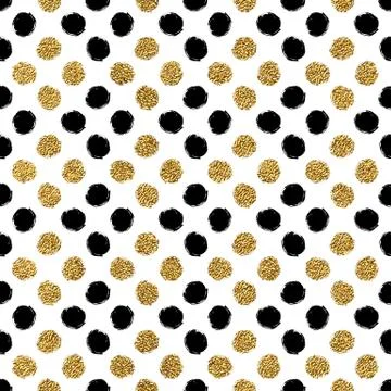 Seamless pattern of gold glitter and black polka dots Stock Illustration
