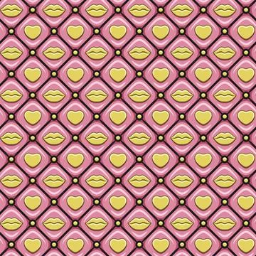Seamless pattern with gold hearts and lips. Stock Illustration