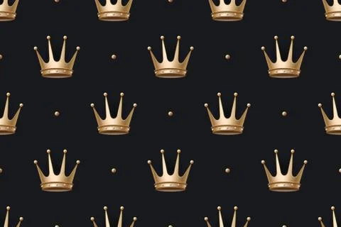 Seamless pattern with gold king crown on a dark black background Stock Illustration