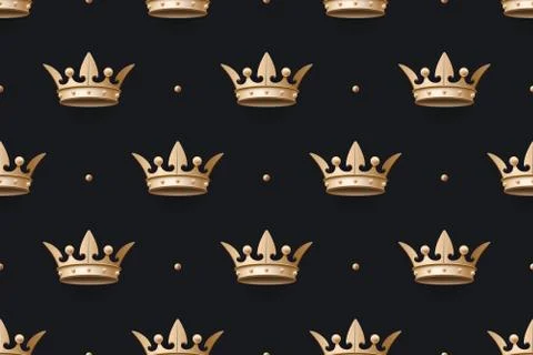 Seamless pattern with gold king crown on a dark black background Stock Illustration