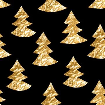 Seamless pattern with gold leaf textured spruces on the black background Stock Illustration
