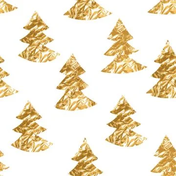 Seamless pattern with gold leaf textured spruces on the white background Stock Illustration