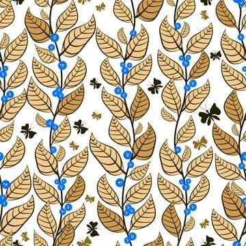 Seamless pattern with gold leaves and blue berries. Stock Illustration