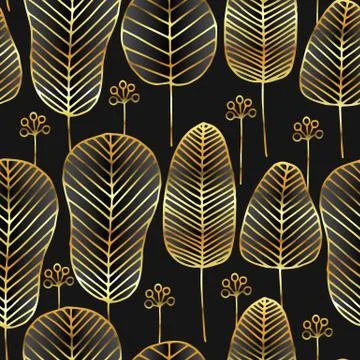 Seamless pattern gold leaves on black background Stock Illustration