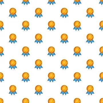 Seamless pattern of gold medals with blue ribbons Stock Illustration