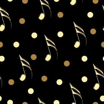 Seamless pattern with gold musical notes on black background Illustrazione stock