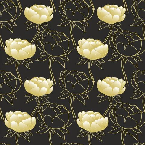 Seamless pattern with gold peonies on a black background. Rich solid. イラスト素材