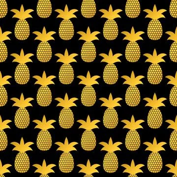 Seamless pattern with gold pineapple on black background. Golden tropical f.. Stock Illustration