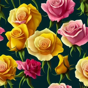 Seamless Pattern of Gold Pink Roses, Various Roses Flower Bouquet Background Stock-Fotos