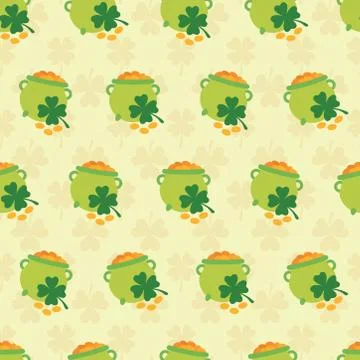 Seamless pattern with gold pots and clovers Stock Illustration