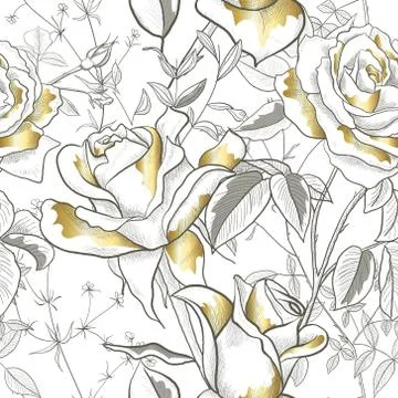 Seamless pattern with gold Rose, leaves and buds on a white background. Modern Stock Illustration