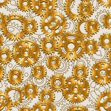 Seamless pattern with gold shily machine gears and linear gears behind. Stock Illustration