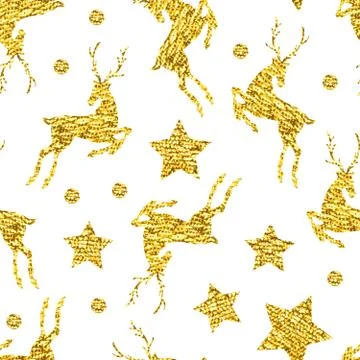 Seamless pattern with gold shine glitter deers, stars, dots on white background Illustrazione stock