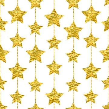 Seamless pattern with gold shine glitter stars on white background Illustrazione stock