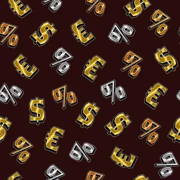 Seamless pattern with gold, silver, bronze US dollar, euro and percent symbol Illustrazione stock