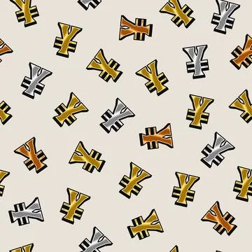 Seamless pattern with gold, silver, bronze yen symbols on white background. Stock Illustration