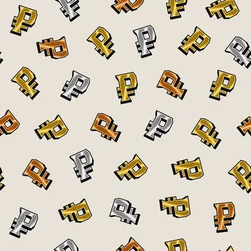 Seamless pattern with gold, silver, bronze rouble symbols on white background Stock Illustration