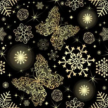 Seamless pattern with gold snowflakes and butterflies Stock Illustration