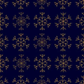 Seamless pattern with gold snowflakes on dark blue background. Stock Illustration