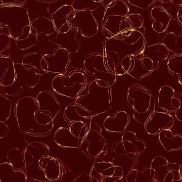 Seamless pattern with gold sparkle hearts on red background. Vector. Stock Illustration