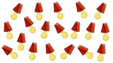 Seamless pattern of gold winner medals with red ribbons on white background Stock Illustration