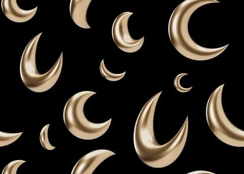 Seamless pattern with golden 3D moons on black background. Applicable for fabric Stock Illustration