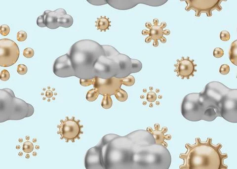 Seamless pattern with golden 3D suns and silver clouds on light blue background Stock Illustration