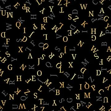 Seamless pattern with golden alphabet, , isolated on black background. Vector Stock Illustration
