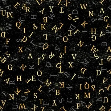 Seamless pattern with golden alphabet, , isolated on black background. Vector Stock Illustration
