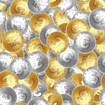 Seamless pattern. Golden and silver coin, money, laying in random order. Stock Illustration