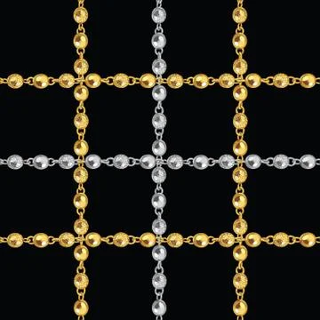 Seamless pattern of golden and silver chains on black background. Stock Illustration