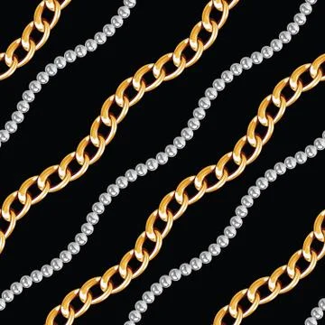 Seamless pattern of golden and silver chains on black background. Stock-Illustration