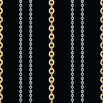 Seamless pattern of golden and silver chains on black background. Stock Illustration
