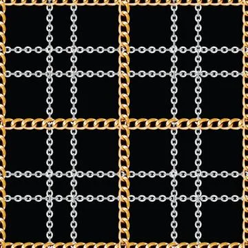 Seamless pattern of golden and silver chains on black background. Stock Illustration