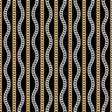 Seamless pattern of golden and silver chains on black background. Stock Illustration