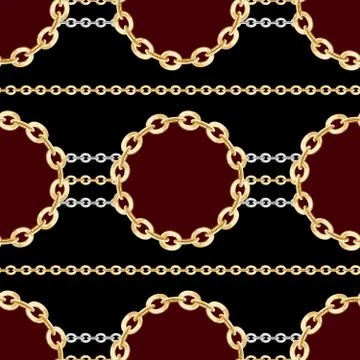 Seamless pattern of golden and silver chains on black background. Stock Illustration