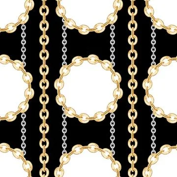 Seamless pattern of golden and silver chains on black background. Stock Illustration
