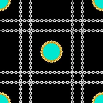Seamless pattern of golden and silver chains on black background. Stock Illustration