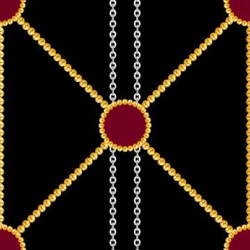 Seamless pattern of golden and silver chains on black background. Stock Illustration