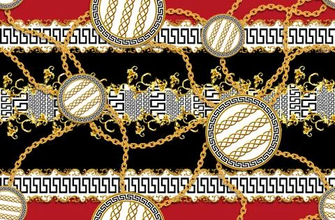 Seamless Pattern of Golden antique decorative barque with versace motif on red b Stock Illustration