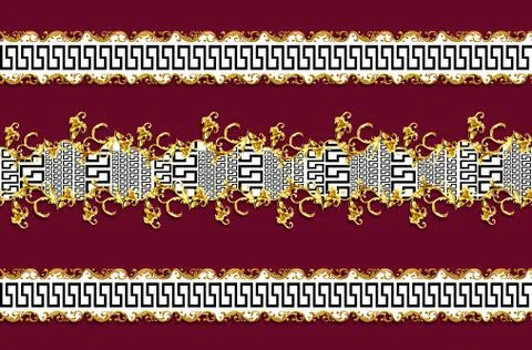 Seamless Pattern of Golden antique decorative barque on dark red background. Fab Illustrazione stock